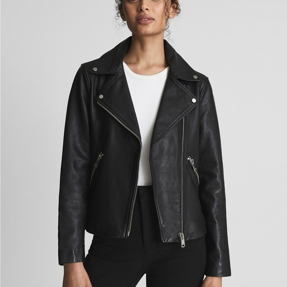 Reiss Black Leather Motorcycle Jacket Size Women's XS - Picture 3 of 16